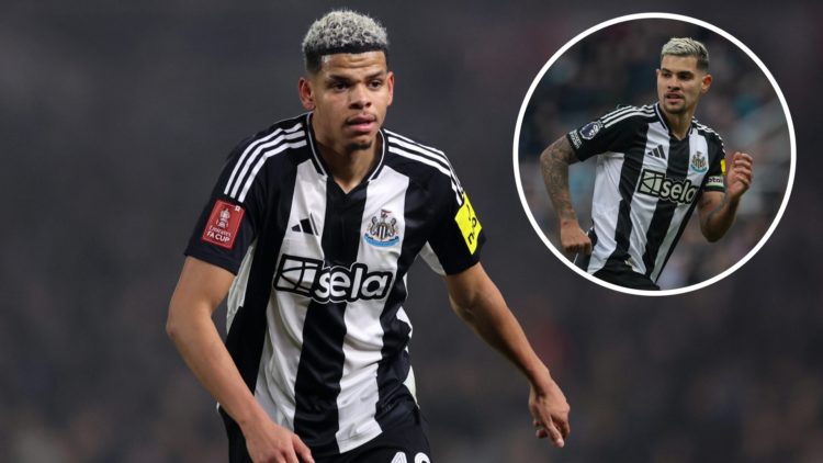 William Osula playing for Newcastle United against Birmingham in the FA Cup. Inset, Bruno Guimaraes in action for Newcastle United against Fulham.