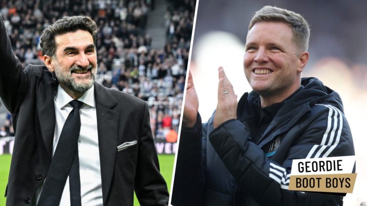 Newcastle United chairman Yasir Al-Rumayyan waves to supporters. Eddie Howe celebrates Newcastle United reaching the Champions League.