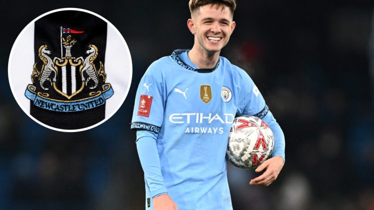 Inset, a detailed view of the Newcastle United badge. James McAtee celebrates scoring a goal for Manchester City.