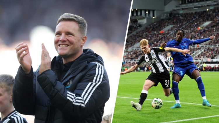 Eddie Howe claps the Newcastle United fans, Axel Disasi and Lewis Hall challenge for the ball
