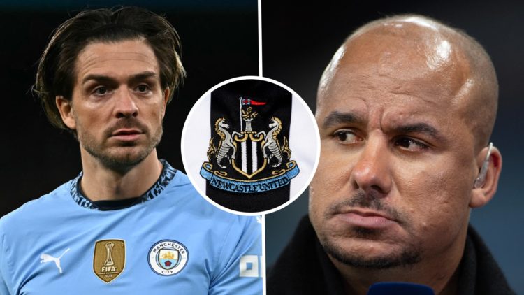 Gabriel Agbonlahor speaks a pundit. Inset, a detailed view of the Newcastle United badge. Jack Grealish playing for Manchester City.