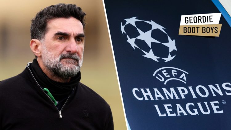 Newcastle United chairman Tasir Al-rumayyan is seen at a golf event. A detailed view of the Champions League logo.