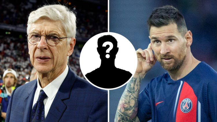 Arsene Wenger is seen on the pitch after PSG win the Champions League. Inset, mystery player graphic. Lionel Messi playing for PSG.