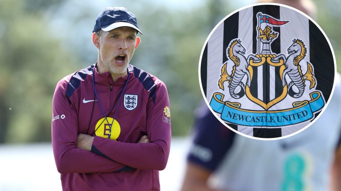 Head coach Thomas Tuchel speaks during a training session. Inset, the Newcastle United badge.