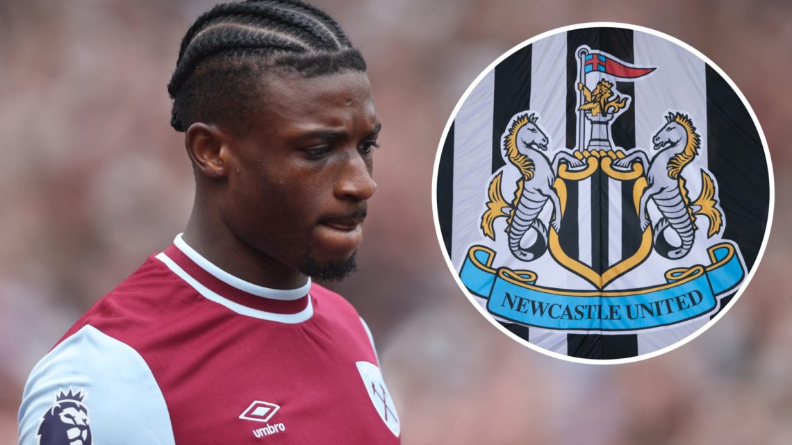 Mohammed Kudus looks on during a Premier League game for West Ham. Inset, a detailed view of the Newcastle United badge.