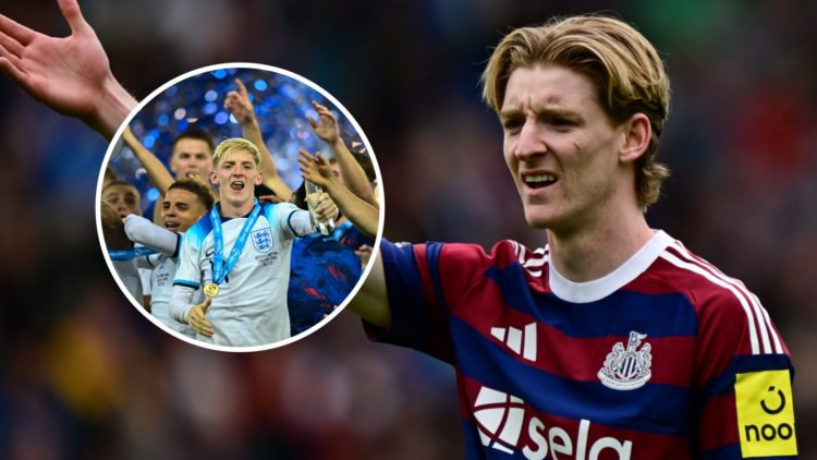 Anthony Gordon reacts while playing for Newcastle United, Anthony Gordon celebrates winning the Under-21 European Championship with England