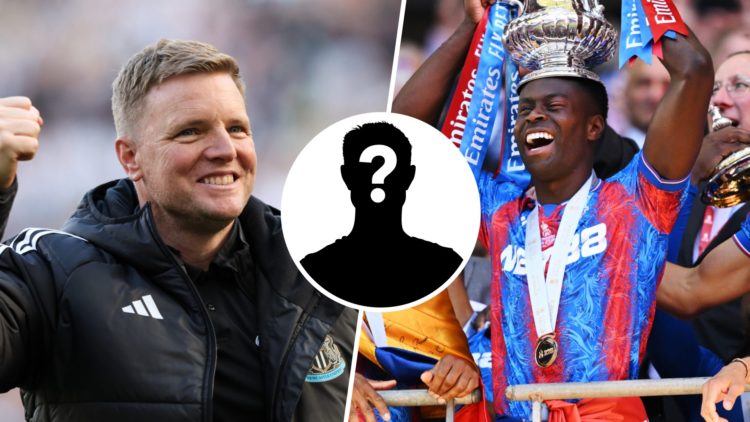 Newcastle United manager Eddie Howe celebrates inside St James' Park, Crystal Palace's Marc Guehi holds the FA Cup trophy on his head, mystery player