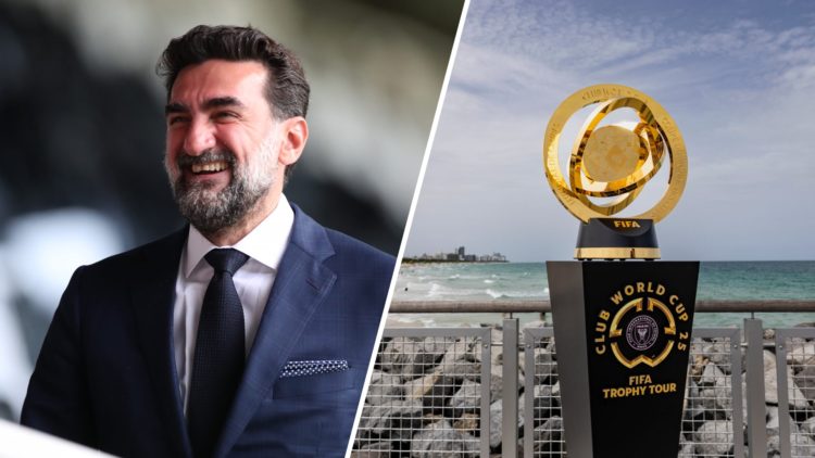 PIF chief and Newcastle United chairman Yasir Al-Rumayyan inside St James' Park, the FIFA Club World Cup trophy on a plinth