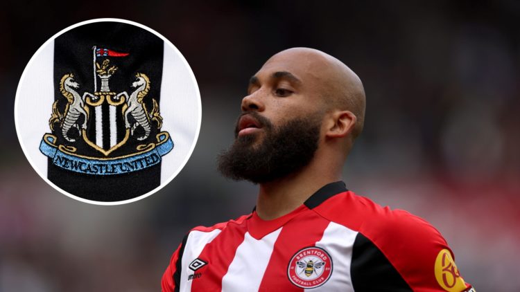 Inset, a detailed view of the Newcastle United club crest. Bryan Mbeumo playing for Brentford against Manchester United.