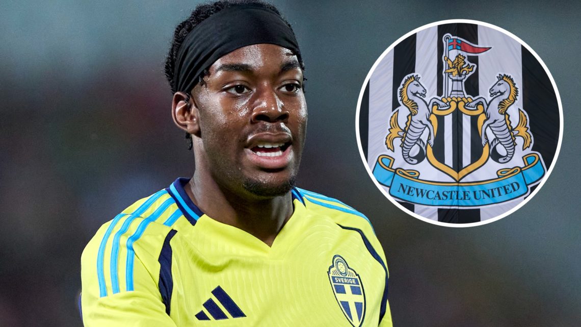 Anthony Elanga reacts during Sweden vs Portugal. Inset, a detailed view of the Newcastle United badge.