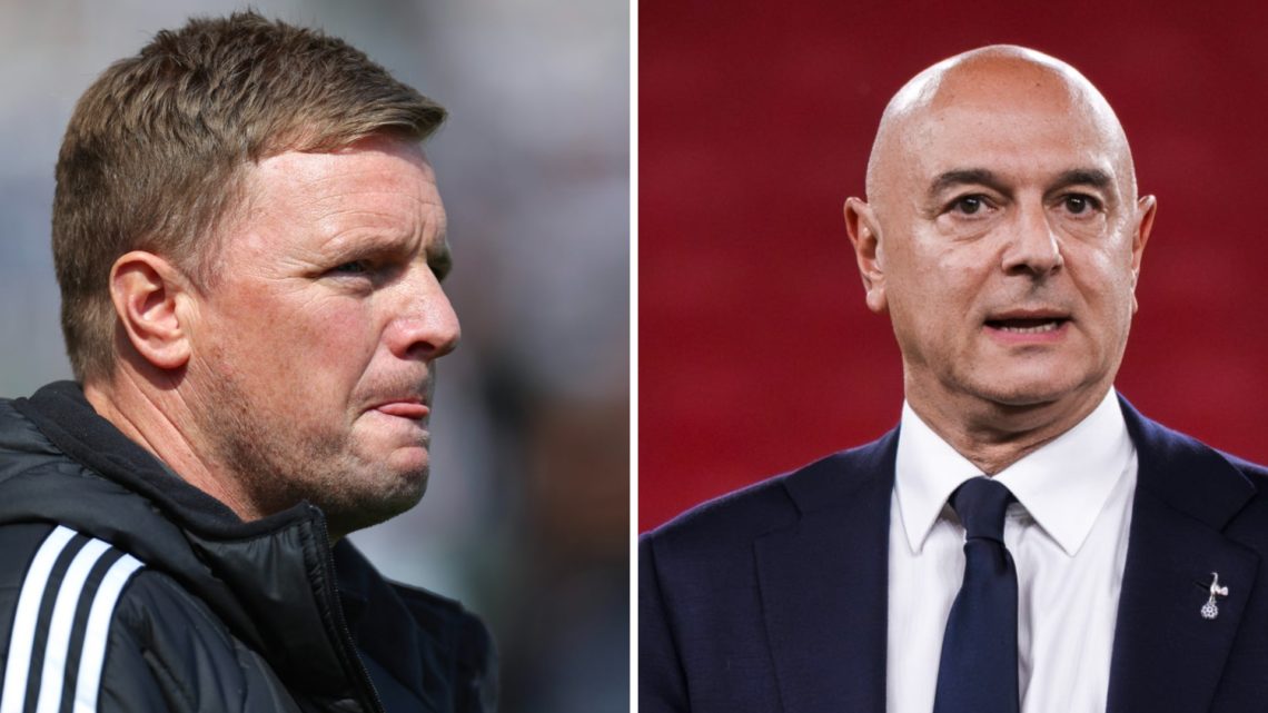 Eddie Howe is seen before Newcastle United play Chelsea. Tottenham chairman Daniel Levy on the pitch after Spurs win the Europa League.