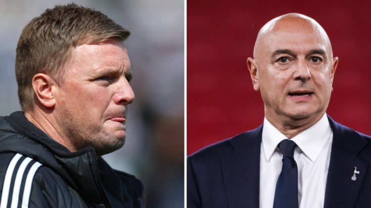Eddie Howe is seen before Newcastle United play Chelsea. Tottenham chairman Daniel Levy on the pitch after Spurs win the Europa League.