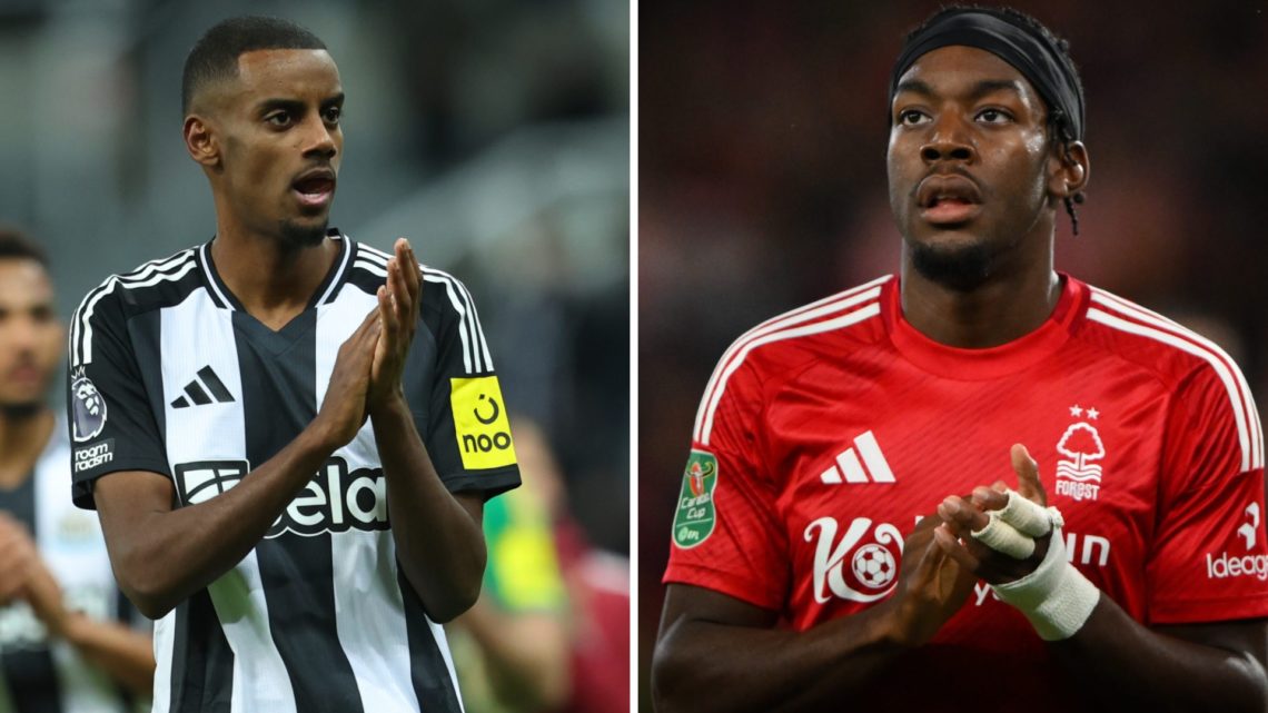 Alexander Isak clapping towards Newcastle United fans. Anthony Elanga playing for Nottingham Forest against Newcastle United.