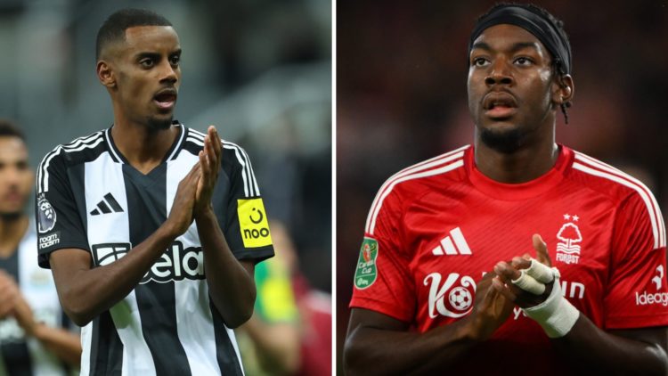 Alexander Isak clapping towards Newcastle United fans. Anthony Elanga playing for Nottingham Forest against Newcastle United.