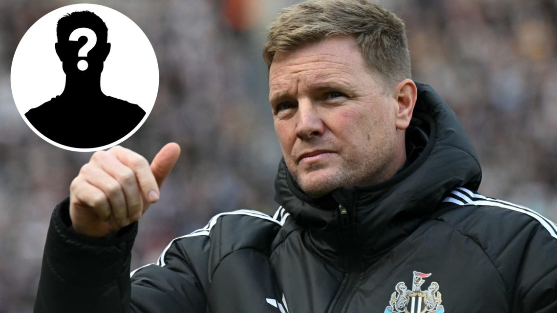 Inset, mystery player graphic. Newcastle United manager Eddie Howe gestures towards the crowd.