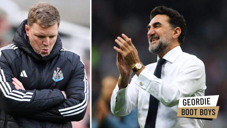 Eddie Howe is seen during a Newcastle United game. Yasir Al-Rumayyan claps towards Newcastle United fans.
