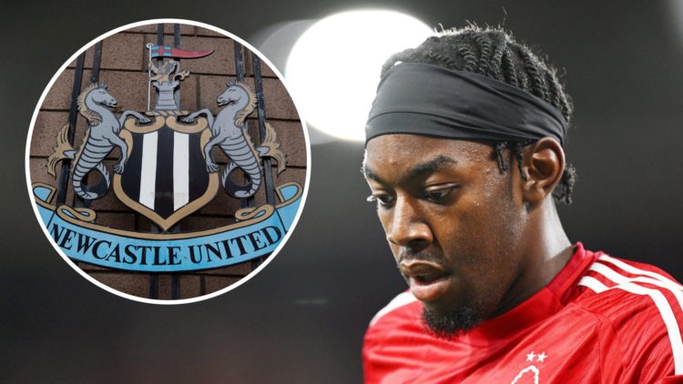 Inset, a detailed view of the Newcastle United badge. Anthony Elanga looks on during a Nottingham Forest game.