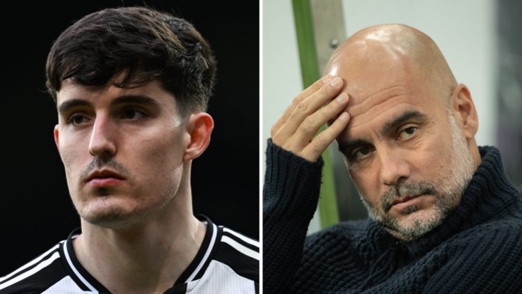 Tino Livramento playing for Newcastle United against Brighton. Pep Guardiola is seen before Newcastle United play Manchester City.