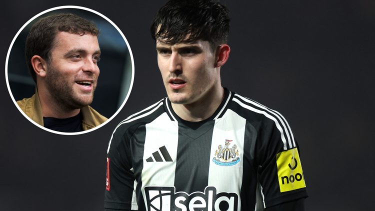 Inset, sports journalist Fabrizio Romano is pictured. Tino Livramento playing for Newcastle United.