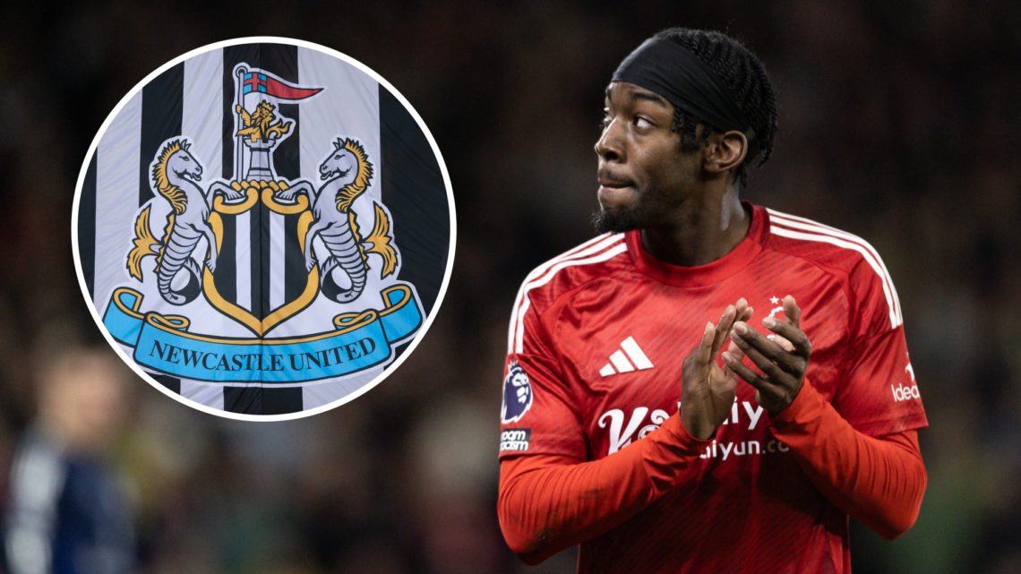 Inset, a detailed view of the Newcastle United badge. Anthony Elanga looks on while playing for Nottingham Forest in the Premier League.