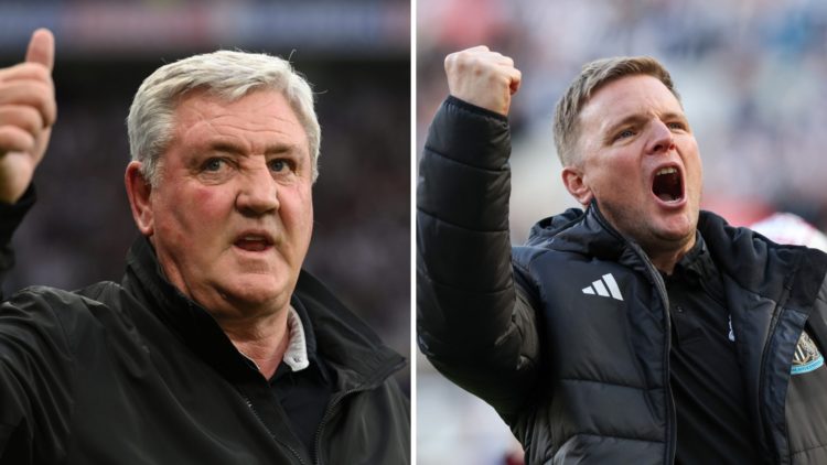 Steve Bruce gestures towards the crowd. Eddie Howe celebrates after Newcastle United qualify for the Champions League.