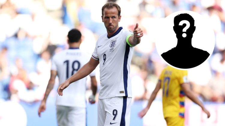 Harry Kane gestures while playing for England against Andorra. Inset, mystery player graphic.
