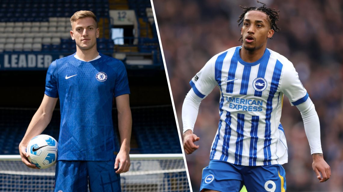 Liam Delap posing in a Chelsea shirt. Joao Pedro playing for Brighton.