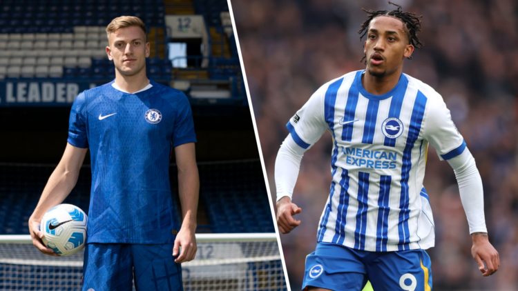 Liam Delap posing in a Chelsea shirt. Joao Pedro playing for Brighton.