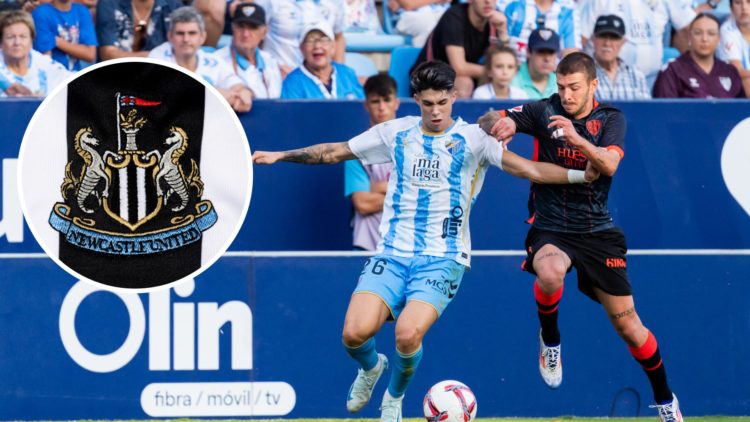 Inset, a detailed view of the Newcastle United badge. Antonio Cordero playing for Malaga.