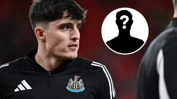 Tino Livramento is pictured warming up for Newcastle United. Inset, mystery player graphic.