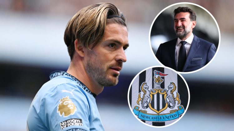 Jack Grealish looks on while playing for Manchester City. Inset, Newcastle United chairman Yasir Al-Rumayyan smiles. Inset, detailed view of the Ne...