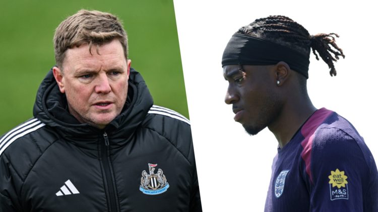 Eddie Howe is seen during a Newcastle United training session. Noni Madueke looks on during an England training session.