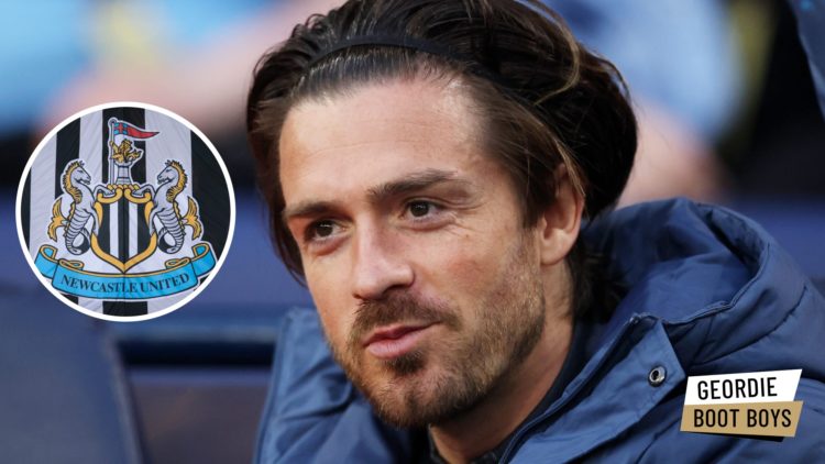 Jack Grealish sitting on the Manchester City bench, Newcastle United badge