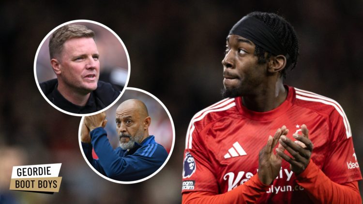 Anthony Elanga applauds the Nottingham Forest fans, Nuno Espirito Santo applauds the Nottingham Forest fans, Newcastle United manager Eddie Howe lo...
