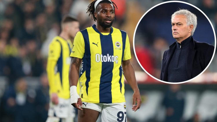 Allan Saint-Maximin playing for Fenerbahce. Inset, Jose Mourinho looks on while managing Roma.