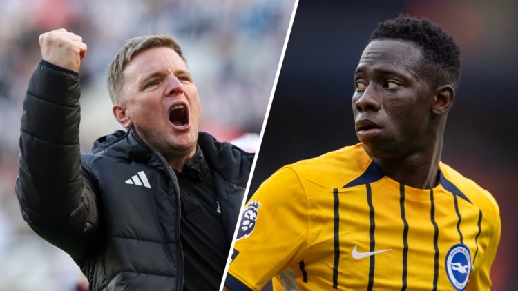 Eddie Howe celebrates after Newcastle United qualify for the Champions League, Yankuba Minteh playing for Brighton