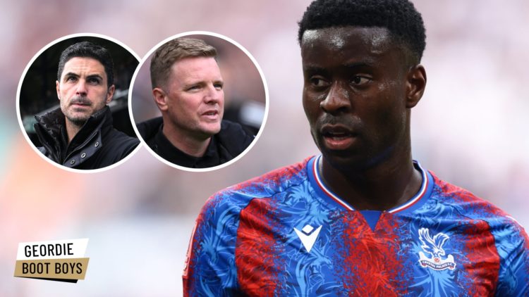 Marc Guehi playing for Crystal Palace, Eddie Howe managing Newcastle United, Mikel Arteta managing Arsenal