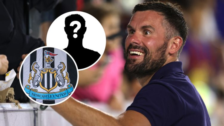 Ben Foster speaking to supporters, Newcastle United badge on a flag, mystery player