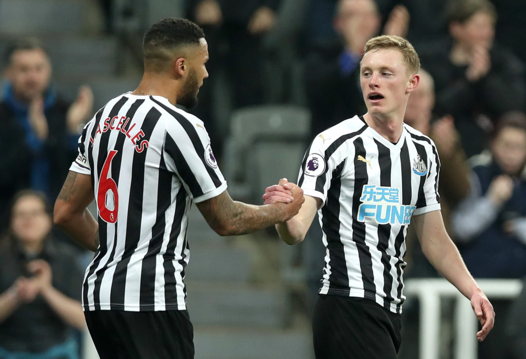 Sean Longstaff celebrates after scoring for Newcastle United in 2019.