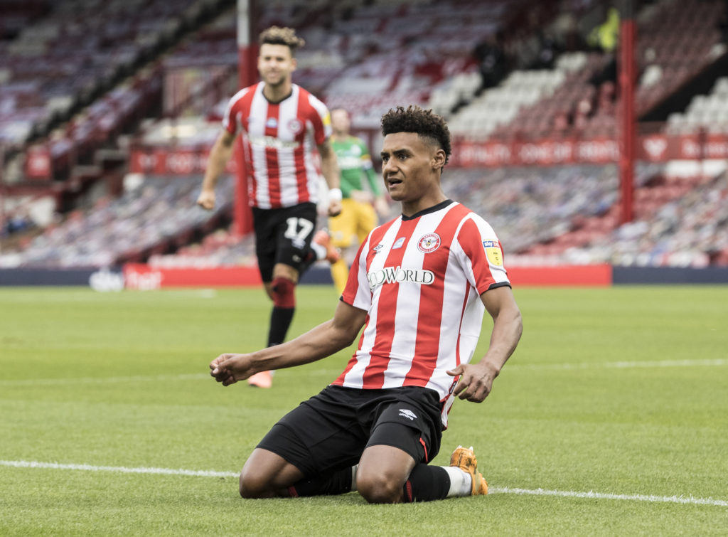 Ollie Watkins celebrates after scoring for Brentford against Preston North End in the Championship.