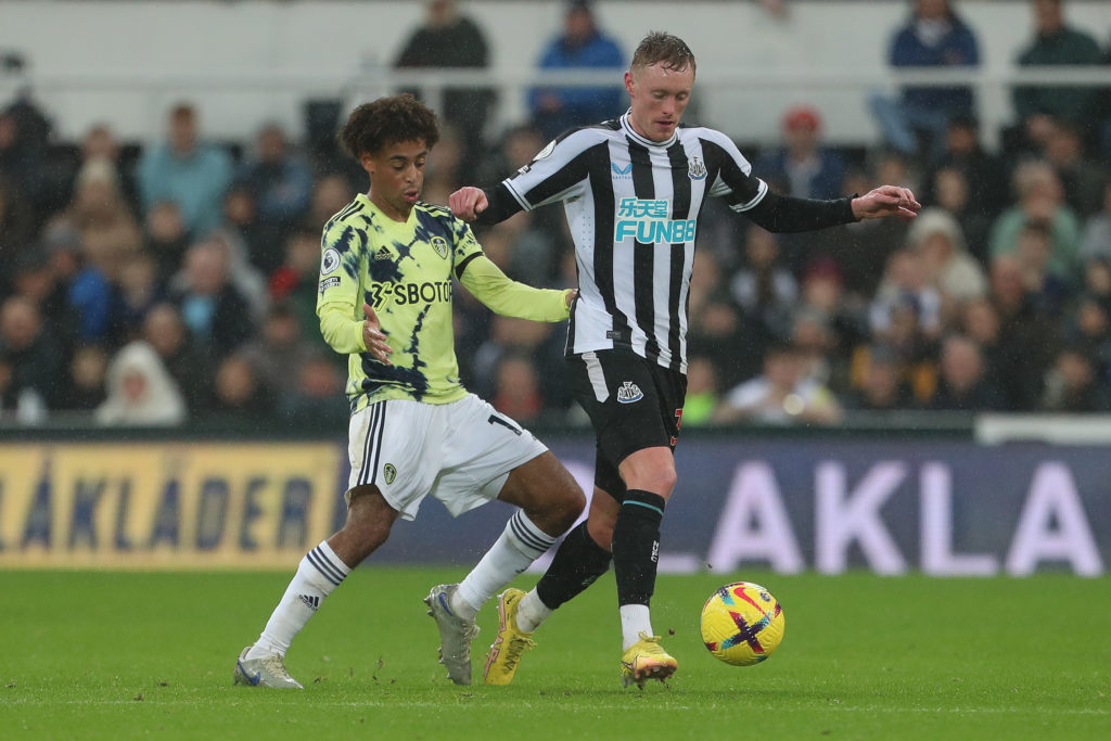 Sean Longstaff protects the ball from Tyler Adams during Newcastle United vs Leeds United.