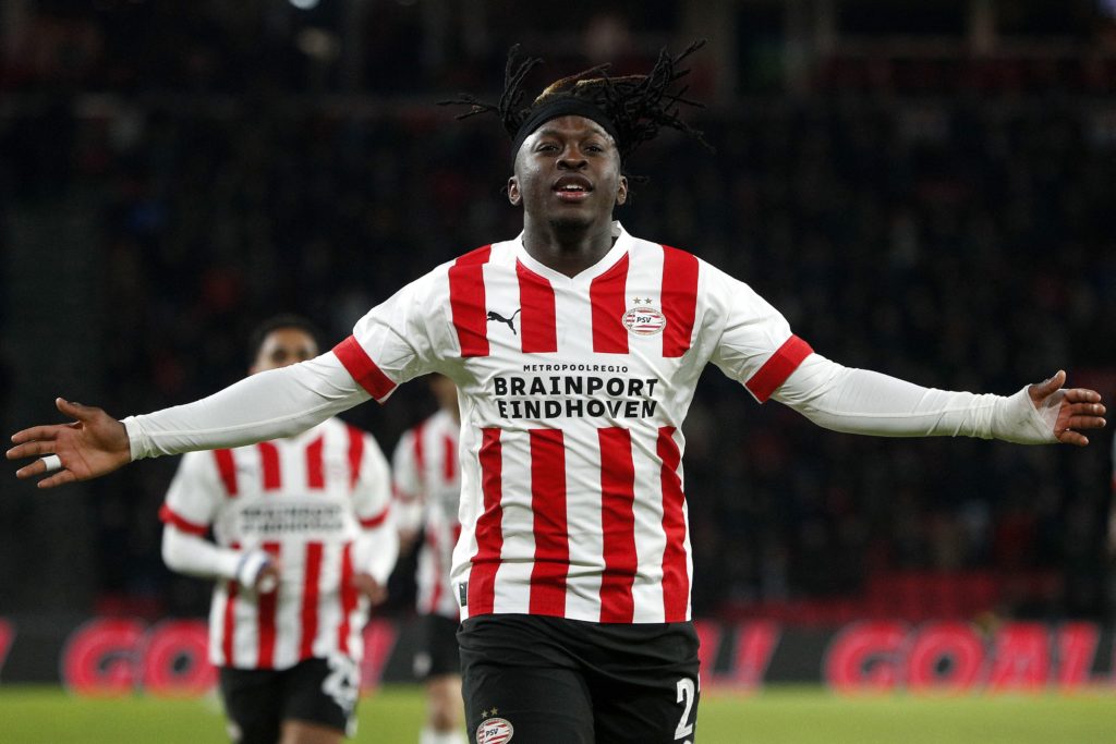 Johan Bakayoko celebrates after scoring in a Dutch Cup game between PSV Eindhoven and ADO Den Haag.