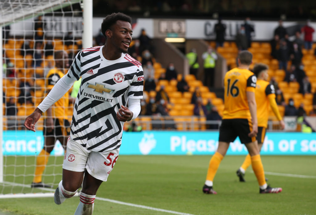 Anthony Elanga celebrates scoring a goal against Wolverhampton Wanderers