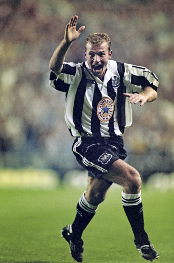 Alan Shearer celebrates scoring his first ever Newcastle United goal against Wimbledon in 1996.