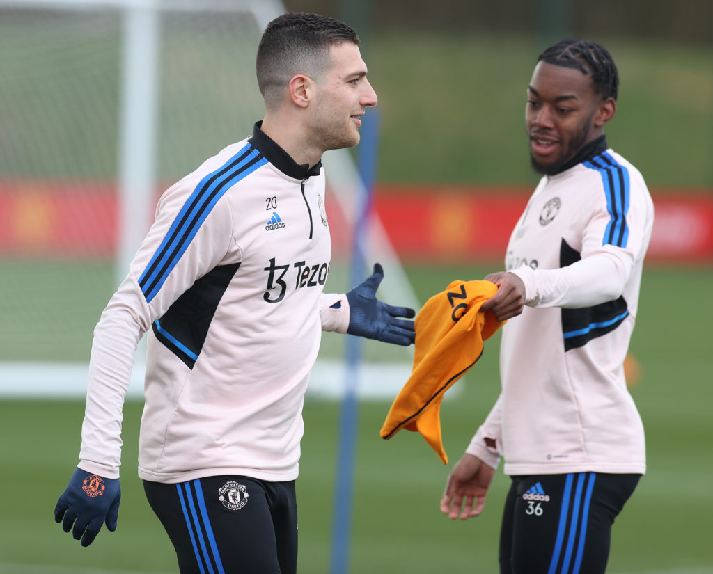 Anthony Elanga and Diogo Dalot during a Manchester United training session.