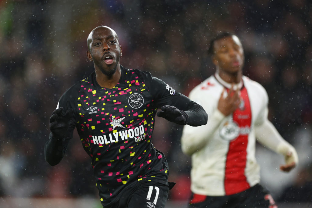 Yoane Wissa celebrates scoring for Brentford against Southampton.