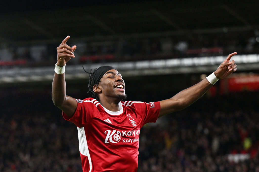 Anthony Elanga celebrates after scoring a goal in a Premier League game between Nottingham Forest and Manchester United.