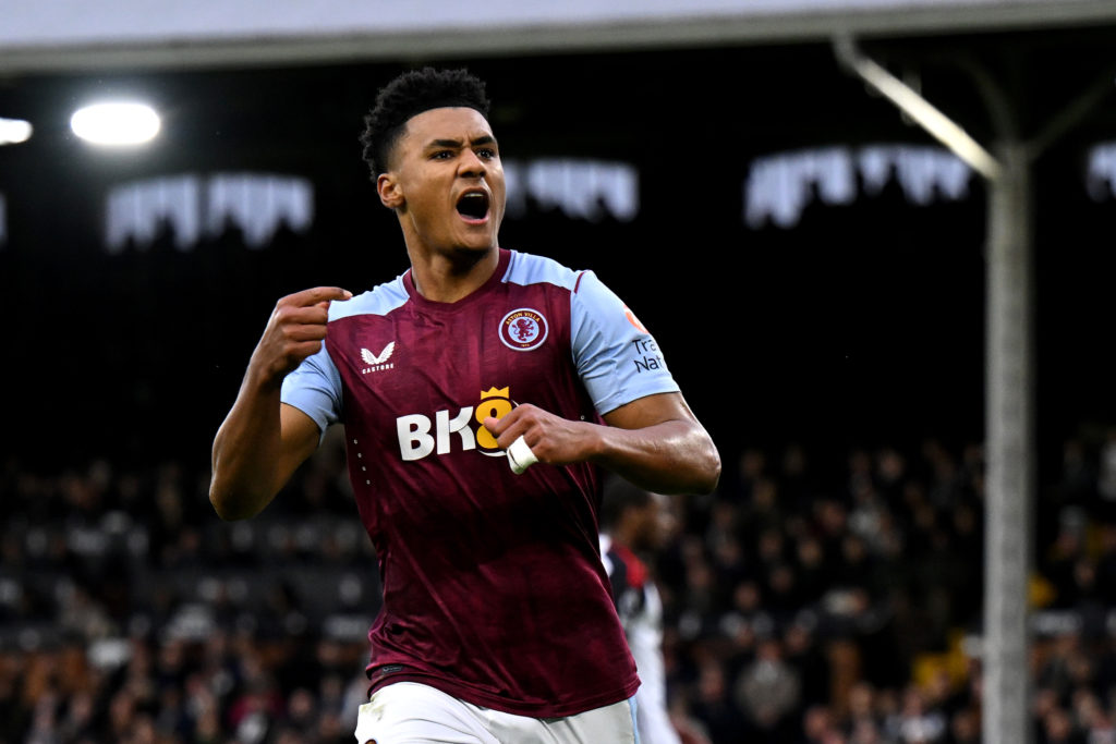 Ollie Watkins celebrates after scoring in a Premier League game between Fulham and Aston Villa.