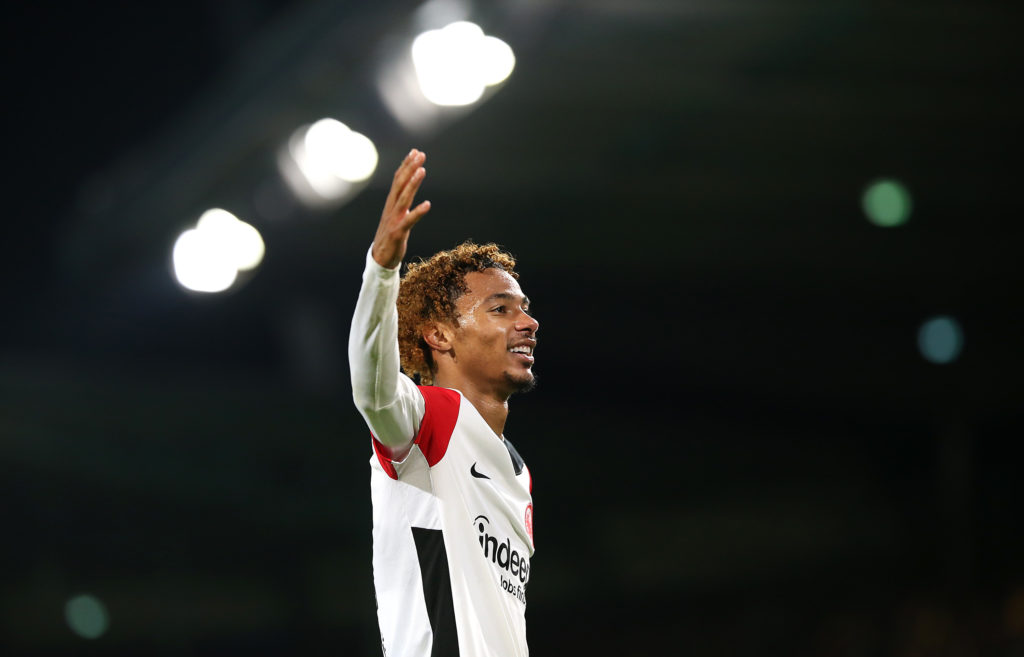 Hugo Ekitike celebrates scoring a goal for Eintracht Frankfurt.