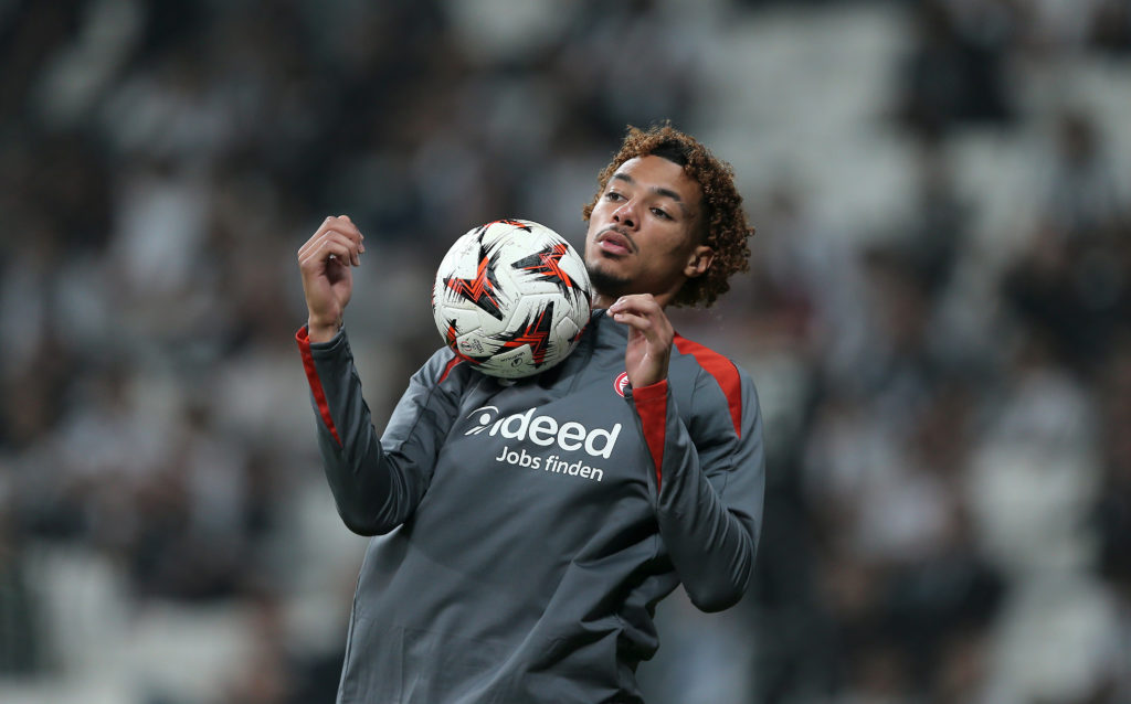 Hugo Ekitike warms up ahead of Eintracht Frankfurt's Europa League game vs Besiktas.